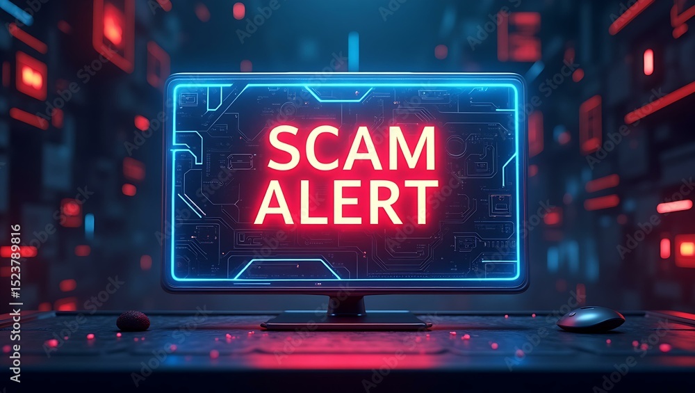 Poster a computer monitor displaying a vivid 'scam alert' message in neon red against a high-tech backgroun