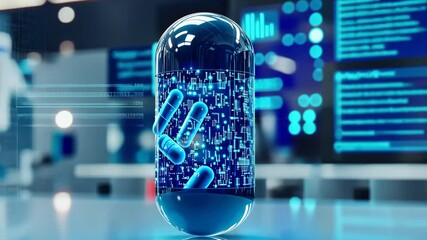 Futuristic biotech capsule with digital interface in modern lab setting - Powered by Adobe