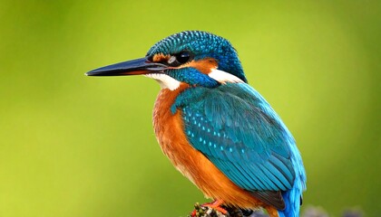 Obraz premium An elegant common kingfisher perched, its vibrant colors sharply detailed against a beautiful, isolated green bokeh background. This captures the bird's natural grace in its habitat.