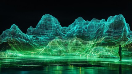 Futuristic digital landscape of glowing wireframe mountains, visualizing data management, mining, and Big Data tech. 