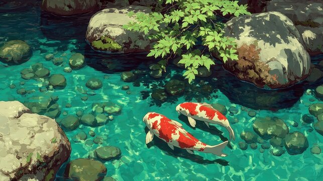 A tranquil Anime background or wallpaper of a traditional Japanese garden koi fish swimming in a crystal-clear pond