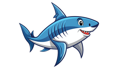 Photo of a cheerful cartoon shark, isolated on white background, swims playfully with a bright blue and white body