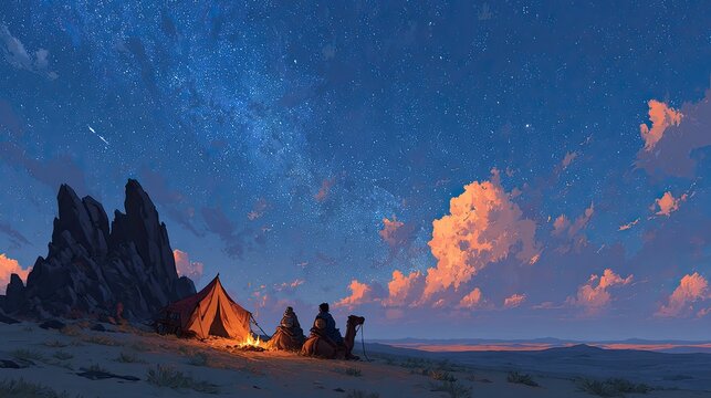 Anime background or wallpaper of a desert caravan under a starry sky camels resting by a campfire - Powered by Adobe