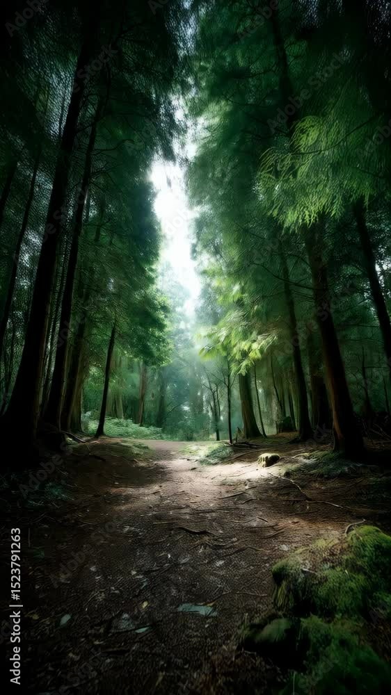 Poster sunlight streams through tall trees in a dense forest illuminating a winding path leading into the w