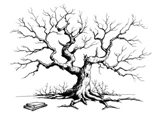 Obraz premium Monochrome drawing of an old bare tree with twisted branches and a book on the ground, isolated on white background