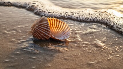 Obraz premium Seaside Serenity: A Seashell's Embrace with Gentle Waves at Sunset Hour