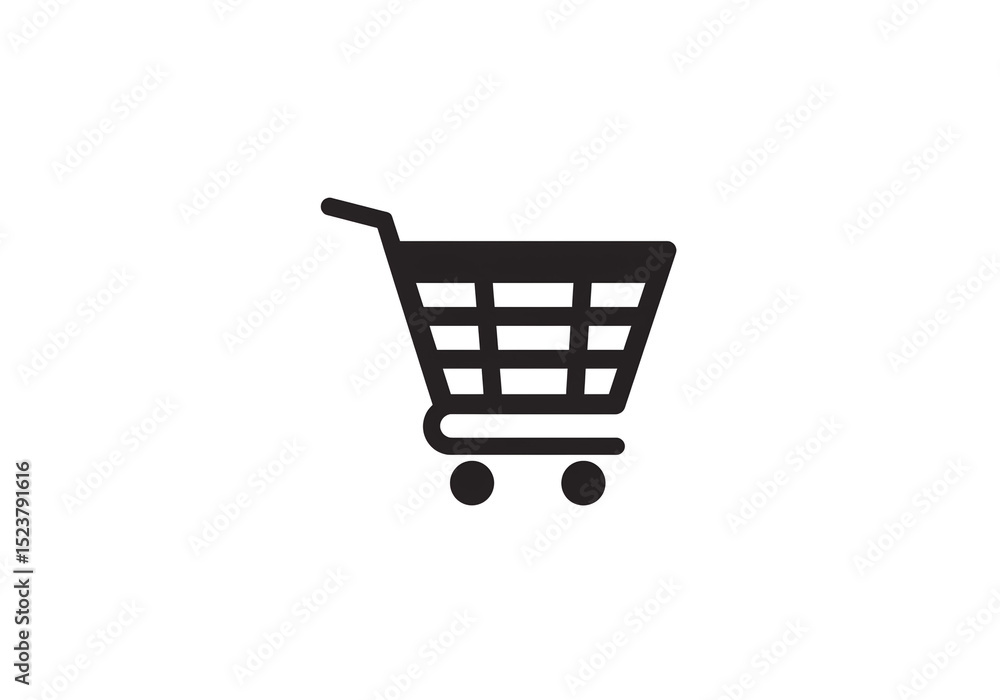 Poster a simple black shopping cart icon with a handle and two wheels on a plain white background space
