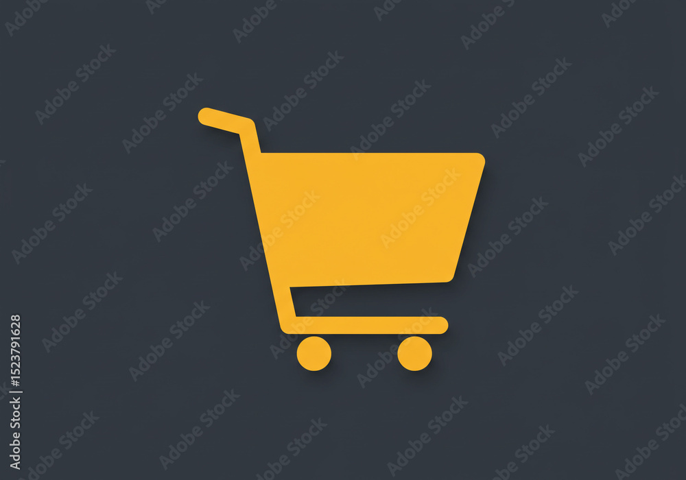 Poster a simple graphic of a yellow shopping cart on a dark gray background with minimal shading and detail