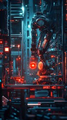 A dark futuristic robotics assembly factory featuring precision machines and glowing light strips, showcasing advanced AI technology.