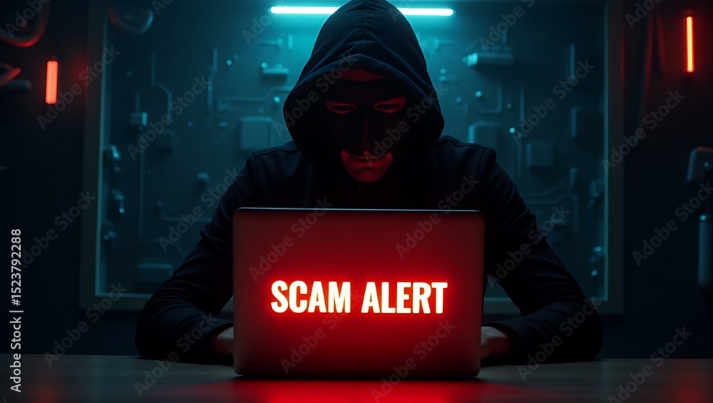 Poster a mysterious individual in a hoodie types on a laptop displaying a 'scam alert' message in a dimly l