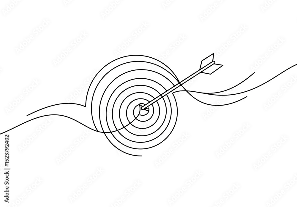 Poster an arrow hitting the center of a target with concentric circles in a minimalist black and white styl