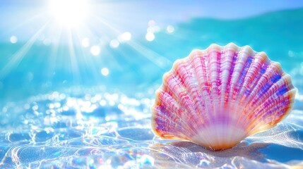 A Vibrant Seashell Resting on the Shoreline Bathed in Sunlight and Sparkling Water