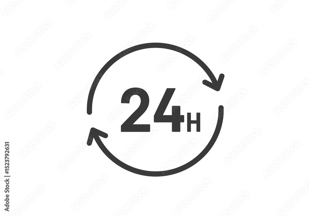 Poster a black and white illustration of a twenty four hours symbol with arrows in a circular shape design