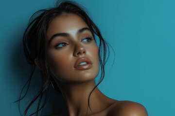 Close-up portrait of a woman with glowing skin, dark hair, and glossy lips, set against a blue background.