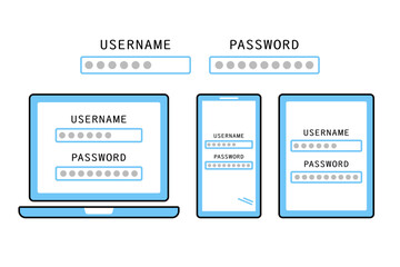 ユーザーネームとパスワードがタイピングされた様々な情報端末のイメージイラスト
