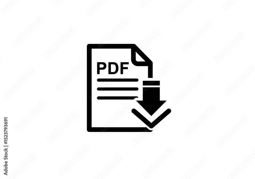 Poster a black and white icon of a pdf document with a download arrow on a white background design element