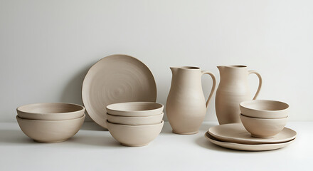 Set of minimalist ceramic tableware in neutral tones on display  