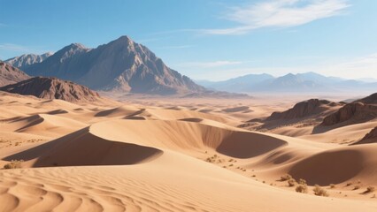 Fototapeta premium Vast Desert Landscape with Sand Dunes and Distant Mountains under a Clear Sky