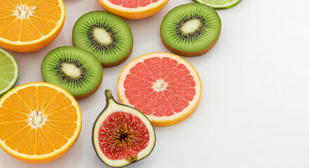 Sliced citrus fruits and kiwi arranged on a white surface  