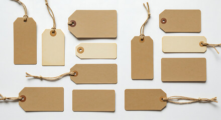 Blank kraft and beige tags with strings arranged on white background  