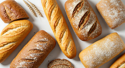 Assorted fresh bread loaves on wooden surface with grains  