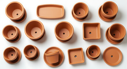 Terracotta plant pots arranged on a white background  