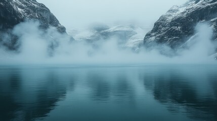 Obraz premium Misty mountains with snow-covered peaks reflected on a calm turquoise lake shrouded in fog and clouds in a serene natural landscape