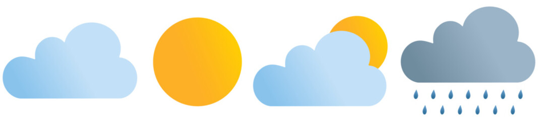Weather symbols icon set, weather forecast showing sunshine, clouds, and rain concept design illustrations with isolated background.