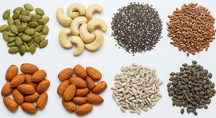 Assorted nuts and seeds arranged in a flatlay on white background  