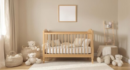Cozy nursery setup featuring crib and plush toys calming home environment minimalistic design warm lighting