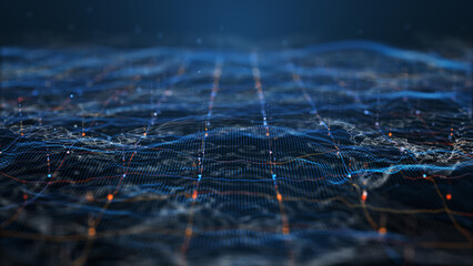 Futuristic Digital Grid Background with Glowing Blue and Red Lights