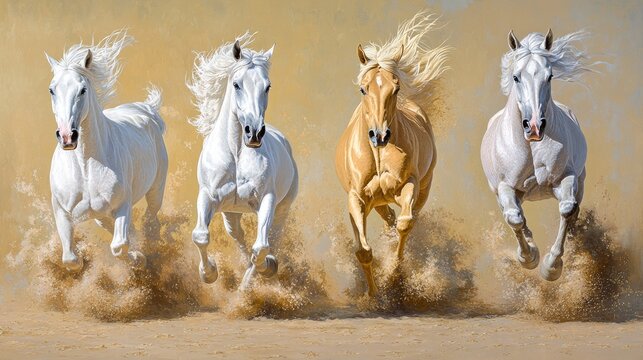 Four stunning horses--palomino, buckskin, and two cremello--charging across golden sand, their manes flowing dramatically in a breathtaking display of power