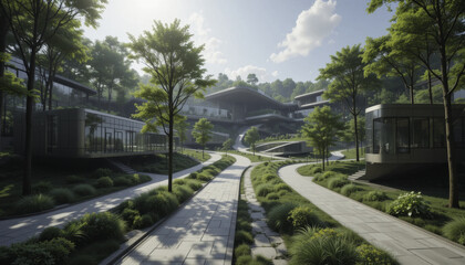 Obraz premium modern architectural complex is nestled in lush, green landscape with winding pathways and abundant trees under bright sky. serene environment blends nature with contemporary design