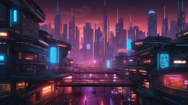 Cyberpunk AI City Background with Neon Lights and Futuristic Architecture