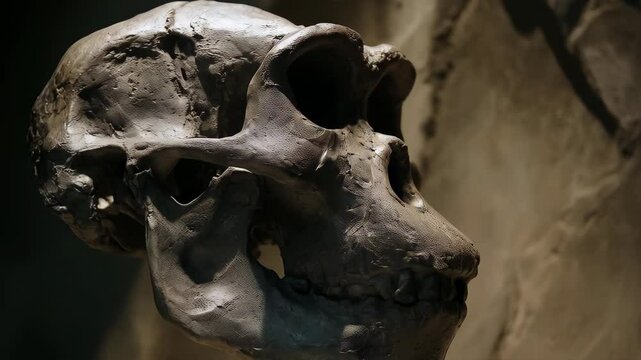 Ancient hominid skull fossil showcasing evolution and history against a neutral background in a museum setting with dramatic lighting
