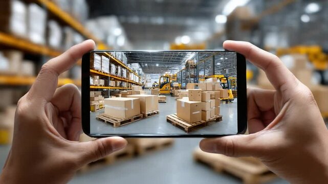 Warehouse Photography: A detailed view of a bustling warehouse, captured on a phone's screen, offering a snapshot of logistics, inventory, and distribution operations.