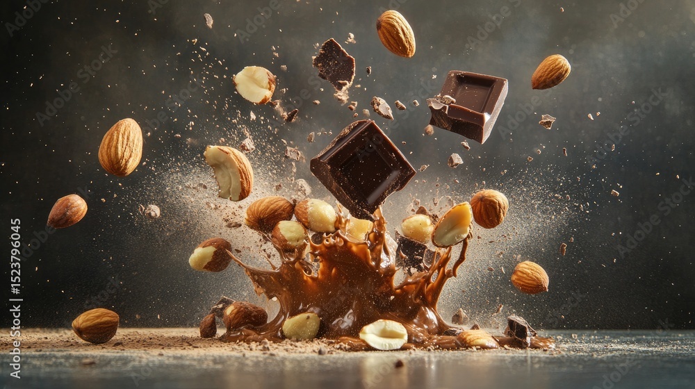Poster dark chocolate studded with almonds and hazelnuts explodes in a cascade of molten chocolate, evoking