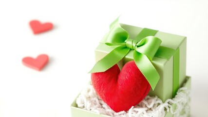 Gift of love concept with a square gift box topped with ribbon sitting in a box next to red plush hearts