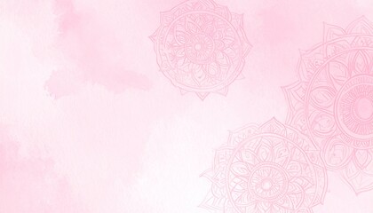 Light pastel rose pink textured watercolor background with mandalas