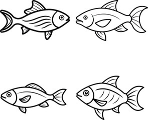Fish swimming underwater line art illustration set.