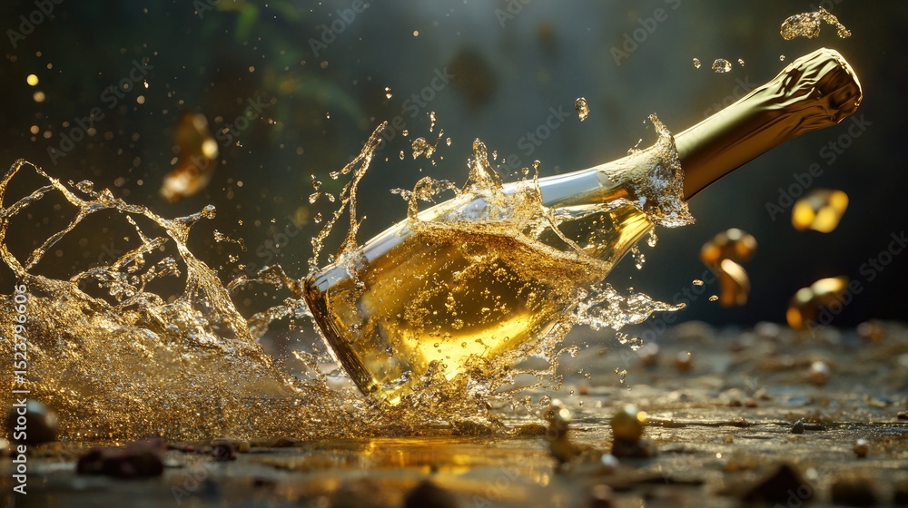 Poster champagne bursts dramatically from an uncorked bottle, creating an elegant splash of golden liquid a