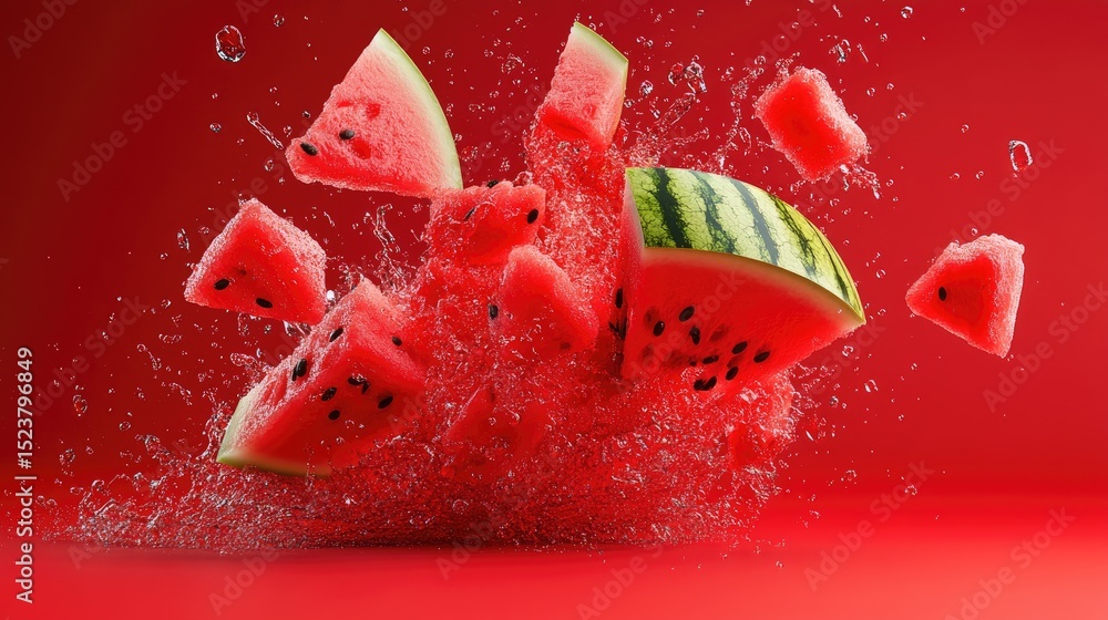 Poster bright red watermelon chunks explode midair in a lively splash, evoking cool refreshment and juicy s