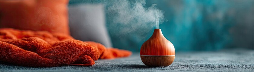 Anxiety disorder through stress healing and support concept. A calming essential oil diffuser with aromatic smoke in a cozy setup.