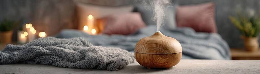 Anxiety disorder through stress healing and support concept. A relaxing scene with a wooden diffuser emitting soothing vapor.