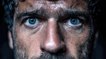 Panic attack by managing stress and fear concept. Close-up portrait of an intense man with striking blue eyes.