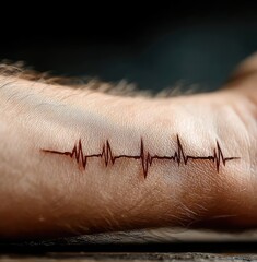 Panic attack by managing stress and fear concept. A close-up of a heartbeat tattoo on a person's forearm.