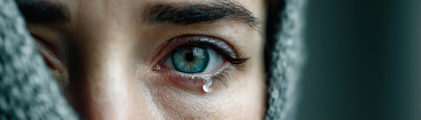 Panic attack by managing stress and fear concept. A close-up of a teary eye conveying deep emotions and vulnerability.