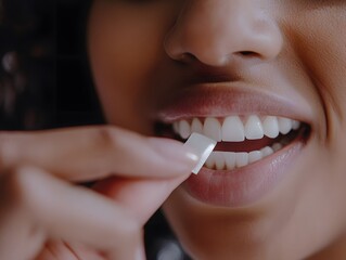 Fototapeta premium A close-up of a person applying a whitening strip to their teeth, showcasing the texture of the strip and the application process.