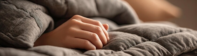 Anxiety disorder through stress healing and support concept. A close-up of a hand resting on a cozy, textured blanket.
