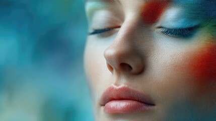 Mental wellness care on diagnosis, therapy and balance concept. A close-up portrait of a serene person with colorful makeup.